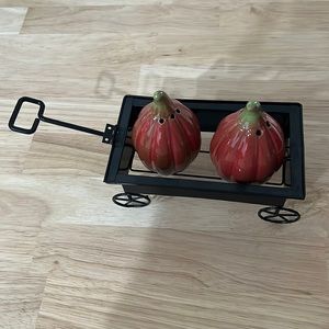 Pumpkin salt and pepper shakers with wagon holder!